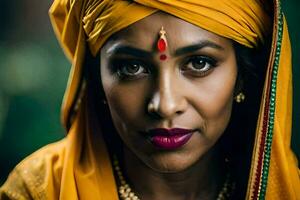 a woman in a yellow headscarf and red lipstick. AI-Generated photo