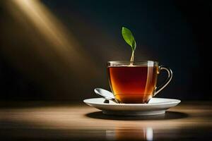 a cup of tea with a leaf on the saucer. AI-Generated photo