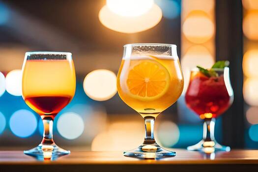 three different types of drinks are lined up on a table. AI-Generated photo