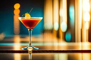 a cocktail sitting on a table in front of a blurred background. AI-Generated photo