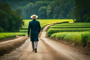 a man in a suit and hat walks down a dirt road. AI-Generated photo