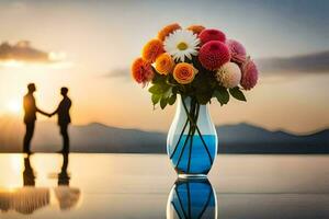 two people holding hands in front of a vase of flowers. AI-Generated photo