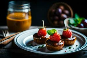 pequeño magdalenas con fresas en parte superior y un tarro de maní manteca. generado por ai foto