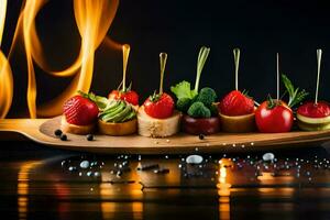 a wooden tray with appetizers and fire. AI-Generated photo