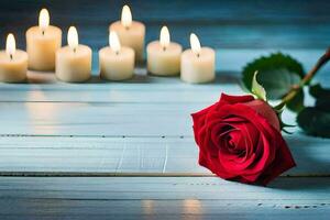 a single red rose and several candles on a wooden table. AI-Generated photo