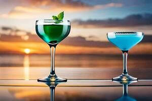 two glasses of cocktails on a table with the sunset in the background. AI-Generated photo