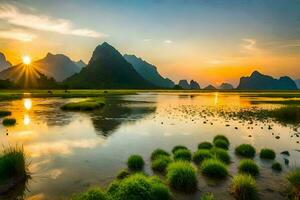 the sun sets over mountains and water in china. AI-Generated photo