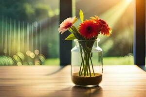 flowers in a vase on a table in front of a window. AI-Generated photo