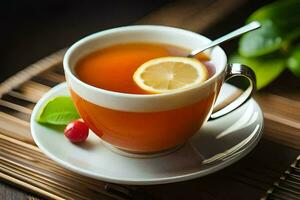 a cup of tea with lemon and berries. AI-Generated photo