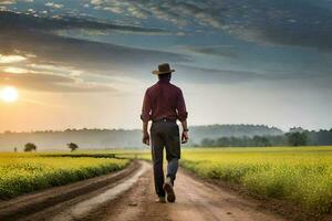 man walking on dirt road in field with sun setting. AI-Generated photo
