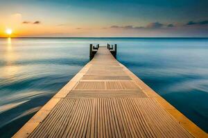 a wooden dock extends into the ocean at sunset. AI-Generated photo