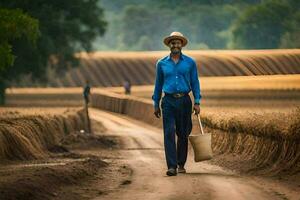 a man walking down a dirt road with a basket on his back. AI-Generated photo