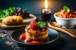 a plate with a dessert and a cup of tea. AI-Generated photo