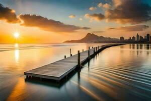 un muelle en el Oceano a puesta de sol con un ciudad en el antecedentes. generado por ai foto