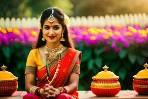 a beautiful indian woman in traditional attire sitting on a bench. AI-Generated photo