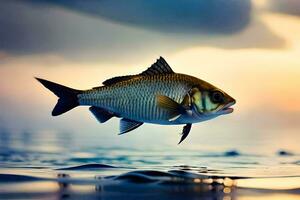 un pescado es volador terminado el agua a puesta de sol. generado por ai foto