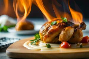 a chicken is on a wooden cutting board with flames. AI-Generated photo