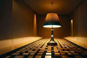 a lamp is sitting on a floor in a dark room. AI-Generated photo