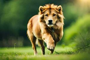 un león corriendo a través de un verde campo. generado por ai foto