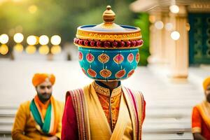 a man in a colorful turban and a large pot on his head. AI-Generated photo