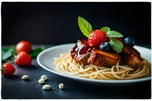 spaghetti with meat and berries on a plate. AI-Generated photo
