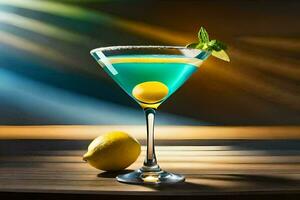 blue cocktail in a martini glass with lemon. AI-Generated photo