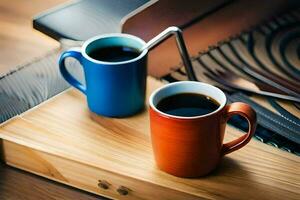 two coffee cups on a wooden tray. AI-Generated photo