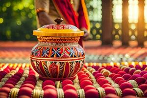 a colorful pot sitting on a red rug. AI-Generated photo