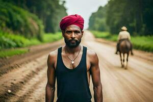 a man in a turban stands on a dirt road. AI-Generated photo