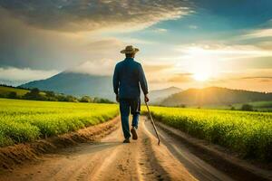 a man walking on a dirt road in a field. AI-Generated photo