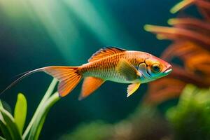 a fish swimming in an aquarium with plants. AI-Generated photo