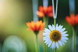 a daisy is sitting on a chain with a sun in the background. AI-Generated photo