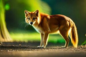 a red fox standing on the ground in the forest. AI-Generated photo