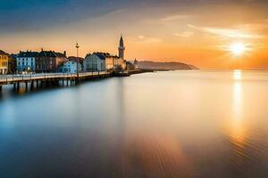 the sun sets over a pier and buildings in a city. AI-Generated photo