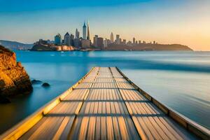 a wooden pier leads to the city skyline at sunset. AI-Generated photo