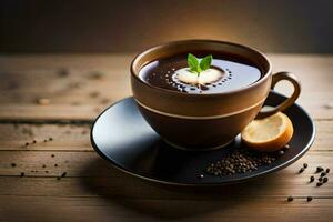 a cup of hot chocolate with a slice of peppermint on a wooden table. AI-Generated photo