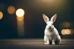 a white rabbit sitting on the ground in front of a blurry background. AI-Generated photo