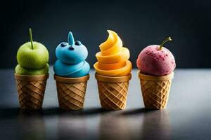 four ice cream cones with different colored ice cream. AI-Generated photo