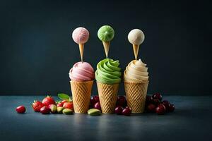 three ice cream cones with different flavors. AI-Generated photo