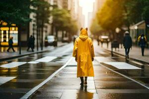 un persona en un amarillo impermeable caminando abajo un calle. generado por ai foto