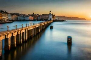 the sun sets over a pier in the water. AI-Generated photo