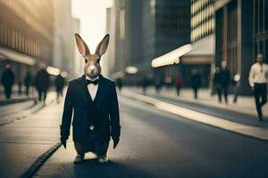 a rabbit dressed in a suit and tie standing on a city street. AI-Generated photo