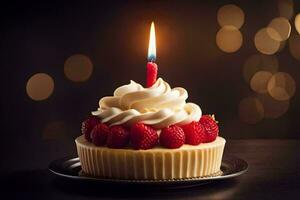 a cupcake with a single candle on top. AI-Generated photo