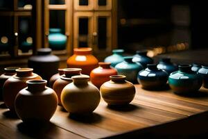 a row of colorful vases sit on a wooden table. AI-Generated photo