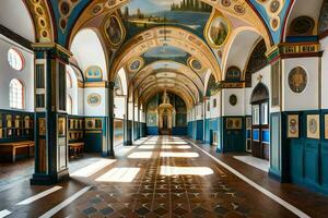 the interior of a church with blue and white walls. AI-Generated photo