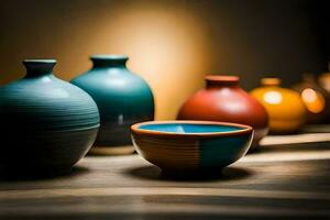 a row of colorful vases and a bowl. AI-Generated photo