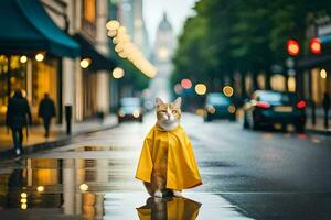 a cat in a yellow raincoat standing on a wet street. AI-Generated photo