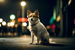 un perro sentado en el calle a noche. generado por ai foto