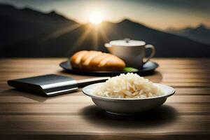 a bowl of rice and a cup of coffee on a table with mountains in the background. AI-Generated photo