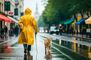 a person in a yellow raincoat walking with a dog. AI-Generated photo